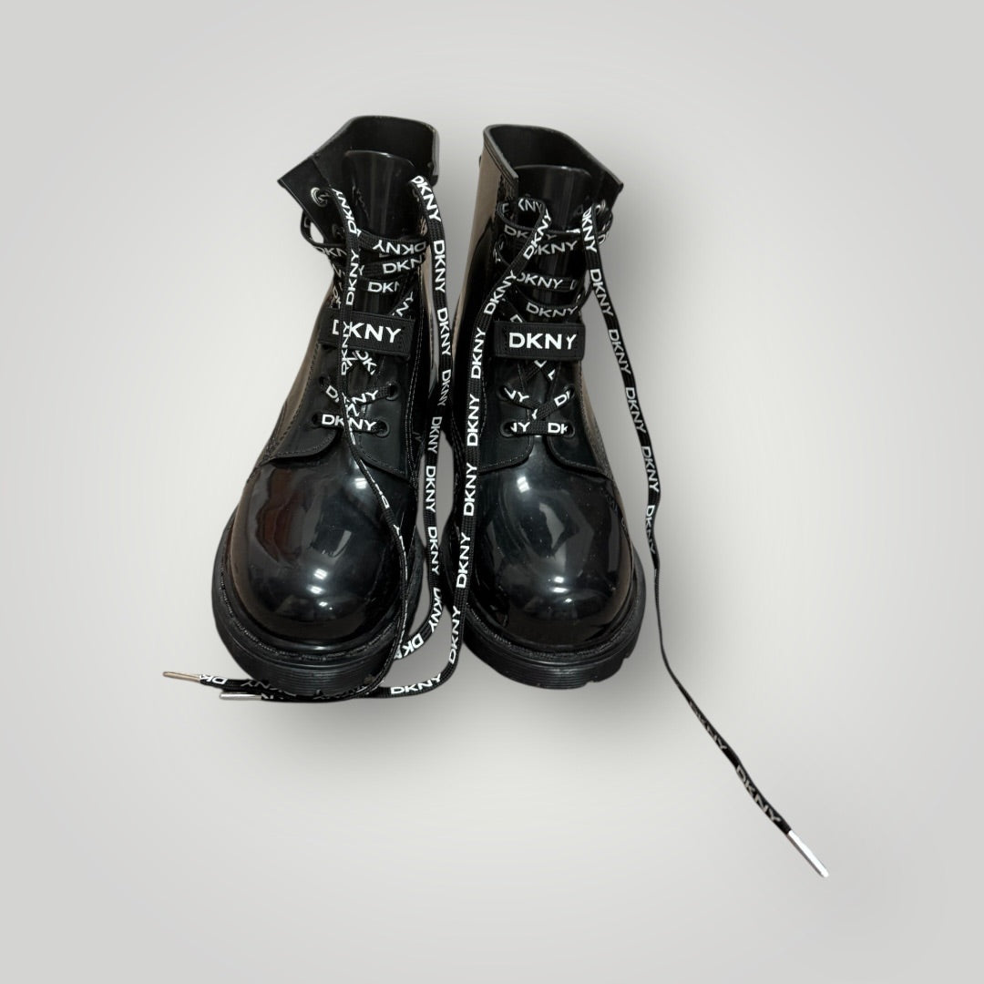 Black/White DKNY Logo Lace-Up Combat Boots, 7